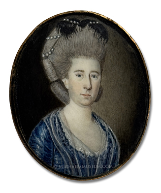 Miniature portrait attributed to Benjamin Blyth Portrait miniature of an early American lady in a blue dress and wearing a black bow and pearls in her hair -- attributed to Benjamin Blyth