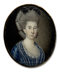 Portrait miniature of an early American lady in a blue dress and wearing a black bow and pearls in her hair -- attributed to Benjamin Blyth