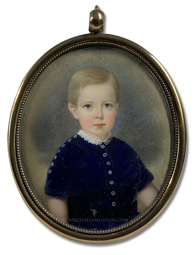 Portrait Miniature by John Carlin Portrait miniature by John Carlin of a Jacksonian Era boy wearing a blue velvet Eton suit with silver buttons and a lace collar