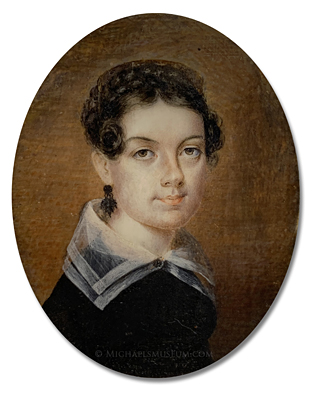 Portrait Miniature by Anna Claypoole Peale Portrait miniature by Anna Claypoole Peale of a young Jacksonian Era lady wearing a black dress with a large, organza collar