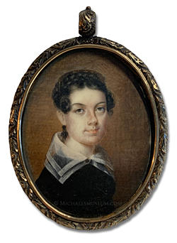 Portrait miniature by Anna Claypoole Peale of a young Jacksonian Era lady wearing a black dress with a large, organza collar