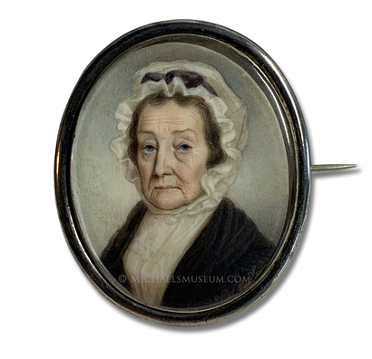 Portrait Miniature by Anson Dickinson Portrait miniature by Anson Dickinson of an elderly, early nineteenth century American lady wearing a ruffled bonnet and dark colored shawl