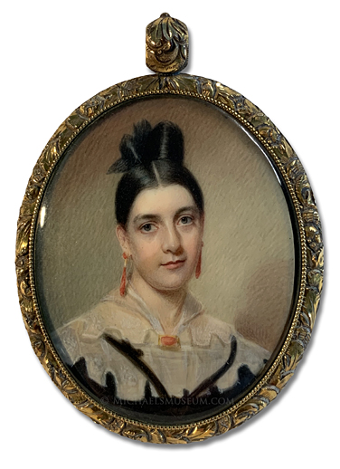 Portrait miniature by John Wood Dodge of a Jacksonian era lady wearing coral jewelry.