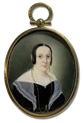 Portrait Miniature by Christopher Martin Greiner Portrait miniature by Christopher Martin Greiner, of a Jacksonian Era lady wearing a lace shawl and gold jewelry