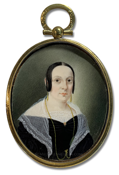 Portrait miniature by Christopher Martin Greiner, of a Jacksonian Era lady wearing a lace shawl and gold jewelry