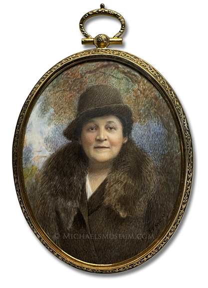 Portrait Miniature by Marion Caroline Hoffman Hartman of an American Lady of the 1930s, Wearing a Mink Stole and Depicted in an Outdoor Landscape