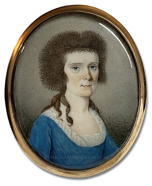 Miniature Portrait by Pierre Henri Portrait miniature by Pierre Henri of a Federalist Era lady wearing a blue dress with a lace neckline