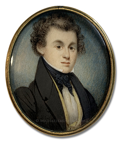 Portrait miniature by William Lewis of a Jacksonian era gentleman, identified by the initials "G. A. H.", wearing a yellow, double breasted, shawl collar vest