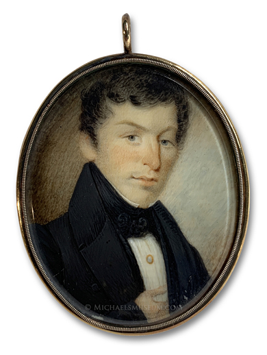 Portrait Miniature by William Lewis Portrait miniature by William Lewis of a Jacksonian era gentleman depicted holding a hand in his waistcoat