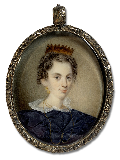 Portrait miniature by William Lewis of a Jacksonian Era American girl wearing gold jewelry and a tortoiseshell hair comb 