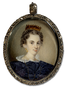 Portrait miniature by William Lewis of a Jacksonian Era American girl wearing gold jewelry and a tortoiseshell hair comb 