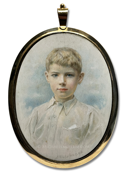 Portrait miniature by Hugh Nicholson of a late nineteenth century boy depicted with a sky background