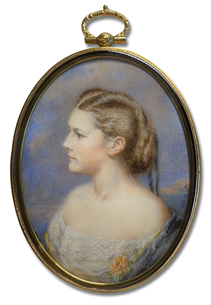 Portrait Miniature by Gertrude L. Pew Portrait miniature by Gertrude L. Pew depicting a World War I era American lady in profile view with a sky background