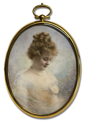 Portrait miniature by Claude E. Quivey depicting a World War I era American lady depicted in a demrue, coy pose