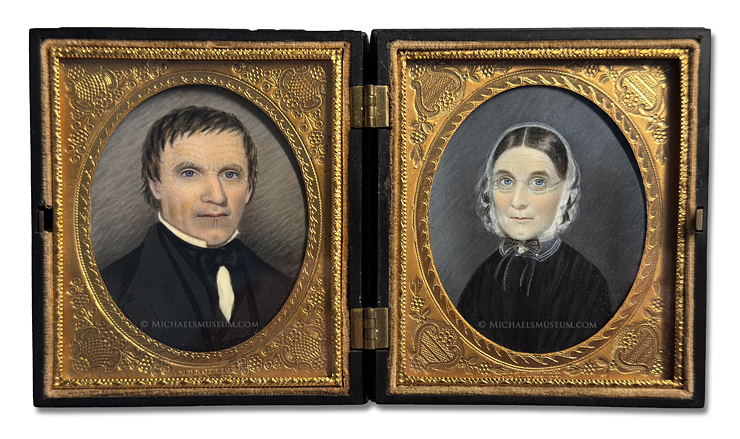 Pair of miniature portraits by Clarissa Peters Russell  (Mrs. Moses B. Russell) of an early nineteenth century gentleman and lady (presumed husband and wife).
