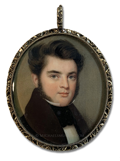 Miniature portrait by James Passmore Smith of a Jacksonian Era gentleman with dark, wavy hair and sideburns