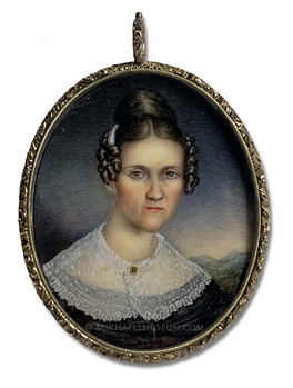 Portrait miniature by John Wentworth Sturgeon of a Jacksonian era lady, depicted in a mountainous landscape at dusk