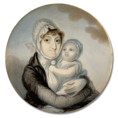 Portrait Miniature by Elkanah Tisdale Portrait miniature by Elkanah Tisdale of an Early American lady holding a baby in her arms