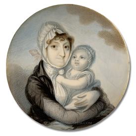 Portrait miniature by Elkanah Tisdale of an Early American lady holding a baby in her arms