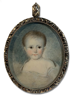 Portrait miniature of a Jacksonian child, depicted amongst clouds (likely a post mortem portrait) -- artist unknown