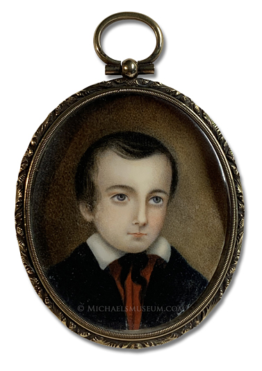 Portrait miniature of a young Jacksonian era boy wearing a western bow tie -- artist unknown