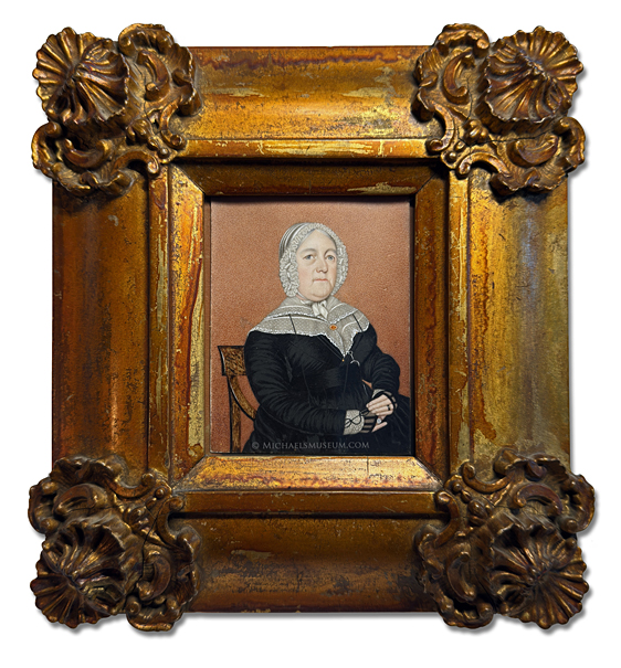 Miniature Portrait of a Bejeweled, Early-American Lady Seated in a Chair Made of Tiger Maple and Holding a Pair of Spectacles