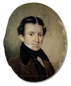 Portrait miniature by William Lewis of a Jacksonian era gentleman wearing a brown coat
