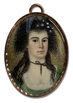 Portrait Miniature by Ebenezer Mack Portrait miniature by Ebenezer Mack depicting an Early American lady wearing feathers and jewels in her hair