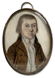 Portrait miniature by Ebenezer Mack depicting an Early American gentleman wearing a brown coat