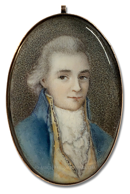 Portrait miniature by Ebenezer Mack depicting a late eighteenth century gentleman wearing a blue coat over a gold-colored waistcoat