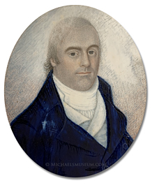 Portrait miniature by Ebenezer Mack depicting a Federalist Era gentleman wearing a navy blue coat