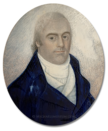 Portrait Miniature by Ebenezer Mack Portrait miniature by Ebenezer Mack depicting a Federalist Era gentleman wearing a navy blue coat