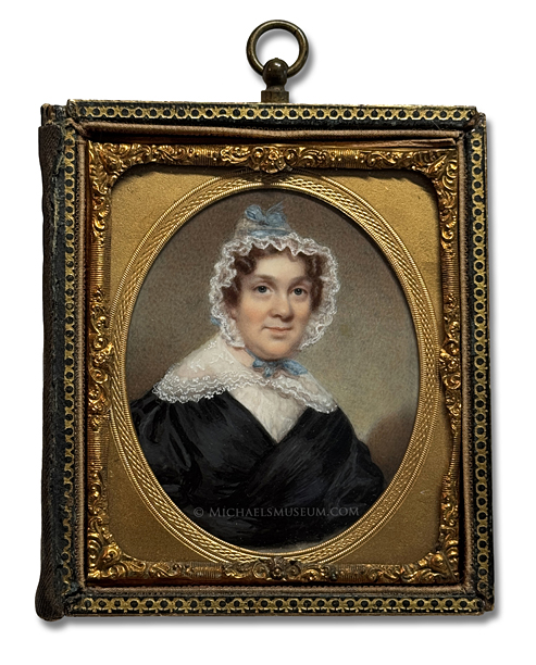 Miniature portrait by Henry Colton Shumway of a Jacksonian Era lady wearing a lace cap and fichu