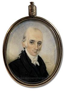 Portrait miniature by Henry Williams of an elderly Jacksonian Era gentleman depicted with a sky background and wearing his hair "en queue"