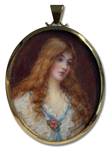Portrait Miniature by Edith Margaret Cannon Portrait miniature by Edith Margaret Cannon of a turn of the twentieth century British ladly with long, flowing red hair
