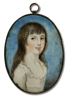 Portrait miniature by A. Charles of a young, Georgian Era girl with long, brown hair