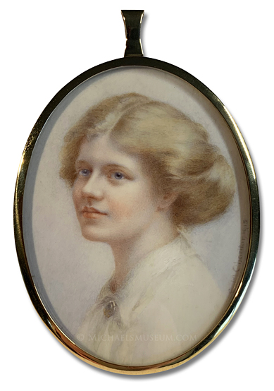 Portrait Miniature by Edith M. Charlton Portrait miniature by Edith Moreton Charlton, depicting a World War I era English lady with golden blond hair