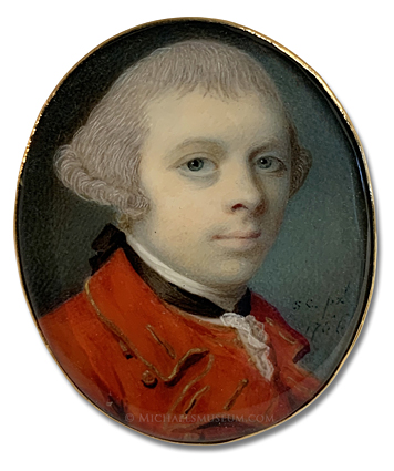 Portrait Miniature by Samuel Cotes Portrait miniature by Samuel Cotes of a Georgian era gentleman wearing a gold-trimmed red coat and matching waistcoat