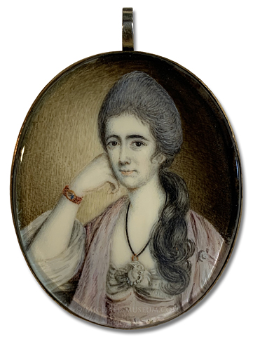 Portrait Miniature Attributed to Nathaniel Hone the Elder Portriat miniature attributed to Nathaniel Hone the Elder, depicting a Georgian Era lady wearing a portrait miniature, set in a bracelet, and a necklace made of plaited hair, from which a ring is suspended