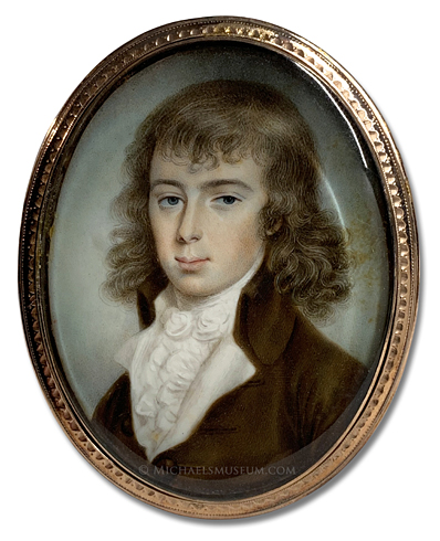 Miniature Portrait by Thomas Hazlehurst Portrait miniature by Thomas Hazlehurst of a young, Georgian era gentleman wearing a brown coat