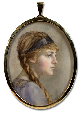 Portrait miniature by Florence Ethel Howell depicting a World War I era English lady, identified only as 'Marguerite', in almost-profile view