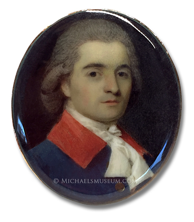 Portrait miniature by Ozias Humphry, depicting an eighteenth century Italian gentleman wearing a fashionable, blue coat with a red collar