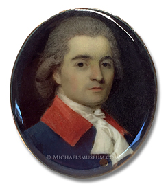 Portrait miniature by Ozias Humphry, depicting an eighteenth century Italian gentleman wearing a fashionable, blue coat with a red collar