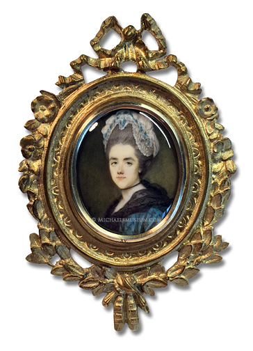 Portrait miniature by Ozias Humphry, depicting an elegantly dressed Georgian Era lady