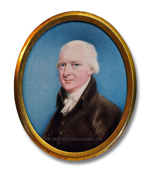 Portrait miniature by Thomas Langdon, depicting a Regency Era gentleman in three-quarter view