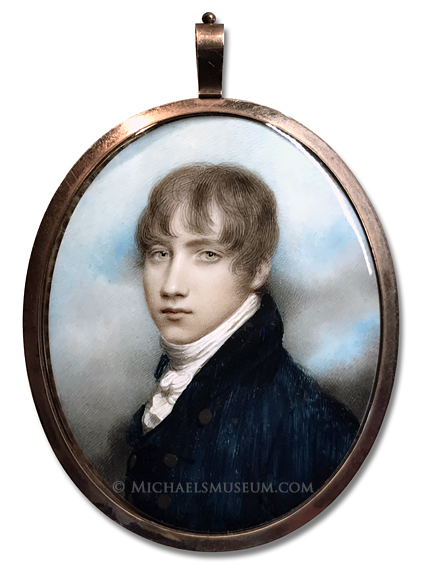 Miniature Portrait by Andrew Plimer Portrait miniature by Andrew Plimer of a young, Georgian Era gentleman depicted with a sky background