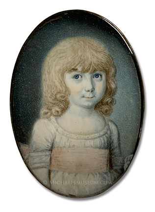 x Portriat miniature attributed to Thomas Richmond of a Georgian era child wearing a pink sash