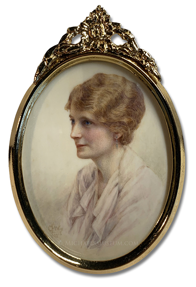 Portrait Miniature by Constance Ellen Wise Portrait miniature by Constance Ellen Wise of a young English lady of the World War I era, depicted in almost-profile view
