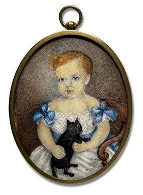 Miniature portrait of an Early Nineteenth Century Girl, Seated in a Chair and Holding a Black Kitten in Her Lap -- Artist Unknown
