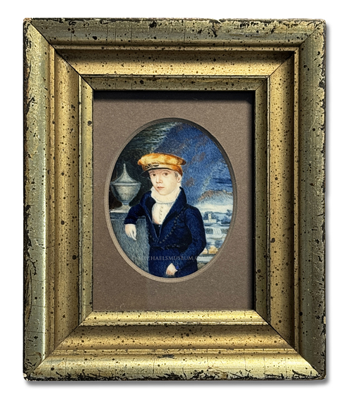Miniature Portrait of a Georgian Era Boy, Wearing an Oversized Cap and Standing at a Gravvesite